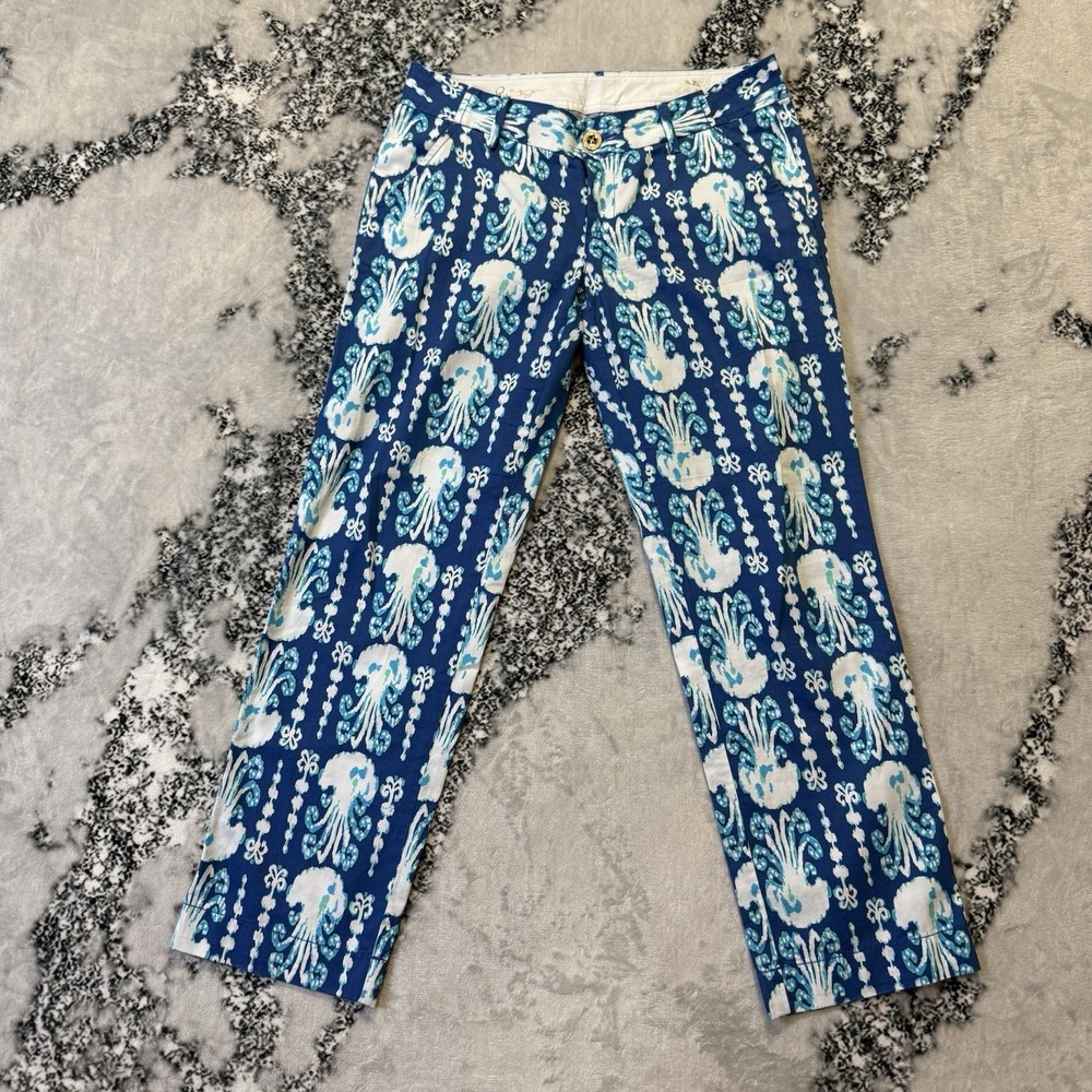Lilly Pulitzer Pants Womens Size 2 Blue Multi Cocoanut Walk Crop Low Rise Cotton - Picture 1 of 12